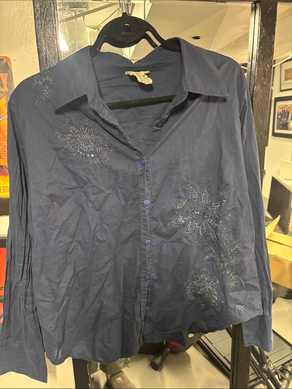 April Cornell Navy Blue Embroidered Button-Down Shirt